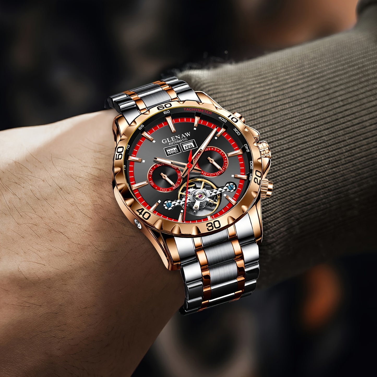 Montre automatique pour homme – Montre multifonctionnelle avec boîtier et bracelet en acier inoxydable, montre mécanique à remontage automatique avec affichage de l’année, du mois, du jour et de la semaine