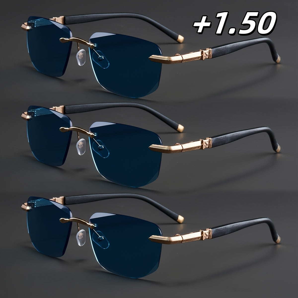 3-Pack, Stylish Men's Frameless Reading Glasses, Elegant Metal Frame, Options: 100, 150, 200, 250, 300, 350, 400 Degrees,christmas Gifts