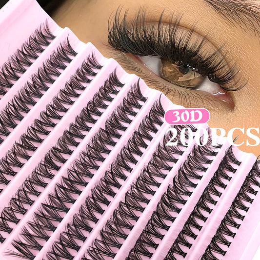 200 pcs Cils en Paquets Wispy — Longueurs 8-16 mm, Look Naturel, Cils Individuels Fluffy, Extensions DIY, Curl 30/40/80D, Réutilisables et Adaptés aux Débutants