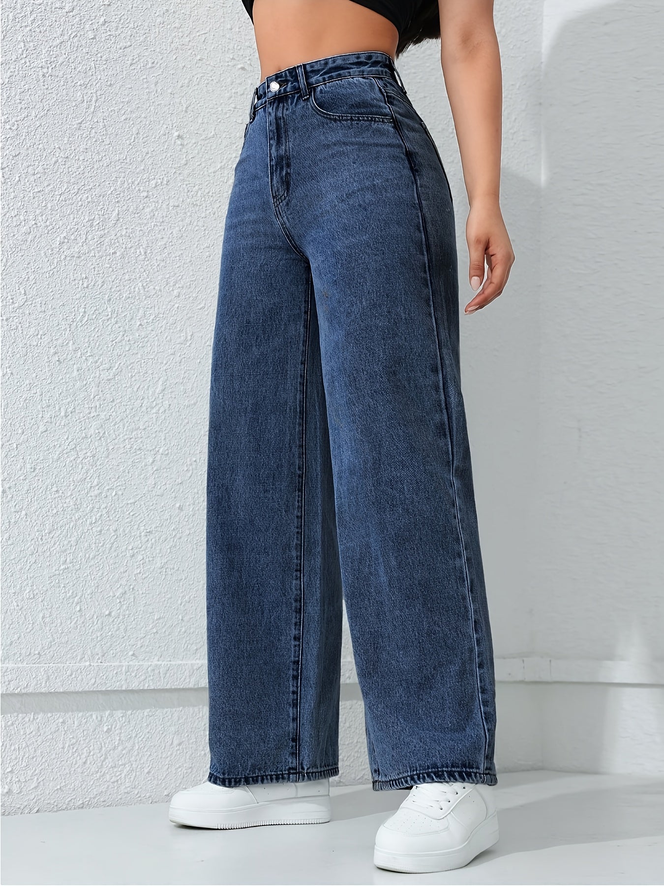 Jean ample à jambes droites pour femme avec poches, jean non extensible, jean taille haute style baggy, jean mom taille haute, jean à taille élastique