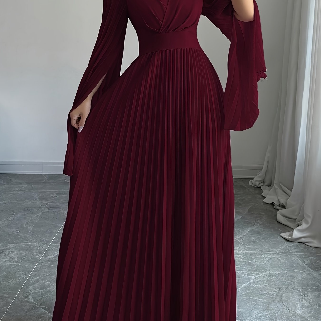 Elegant And Romantic Long Dress for Women with a V-Neck And Pleated Open Sleeves, Perfect for Parties, Gatherings, And Casual Occasions. This Solid Color, Waist-Cinching, Pleated Skirt Is a Fashionable And Versatile Choice fo