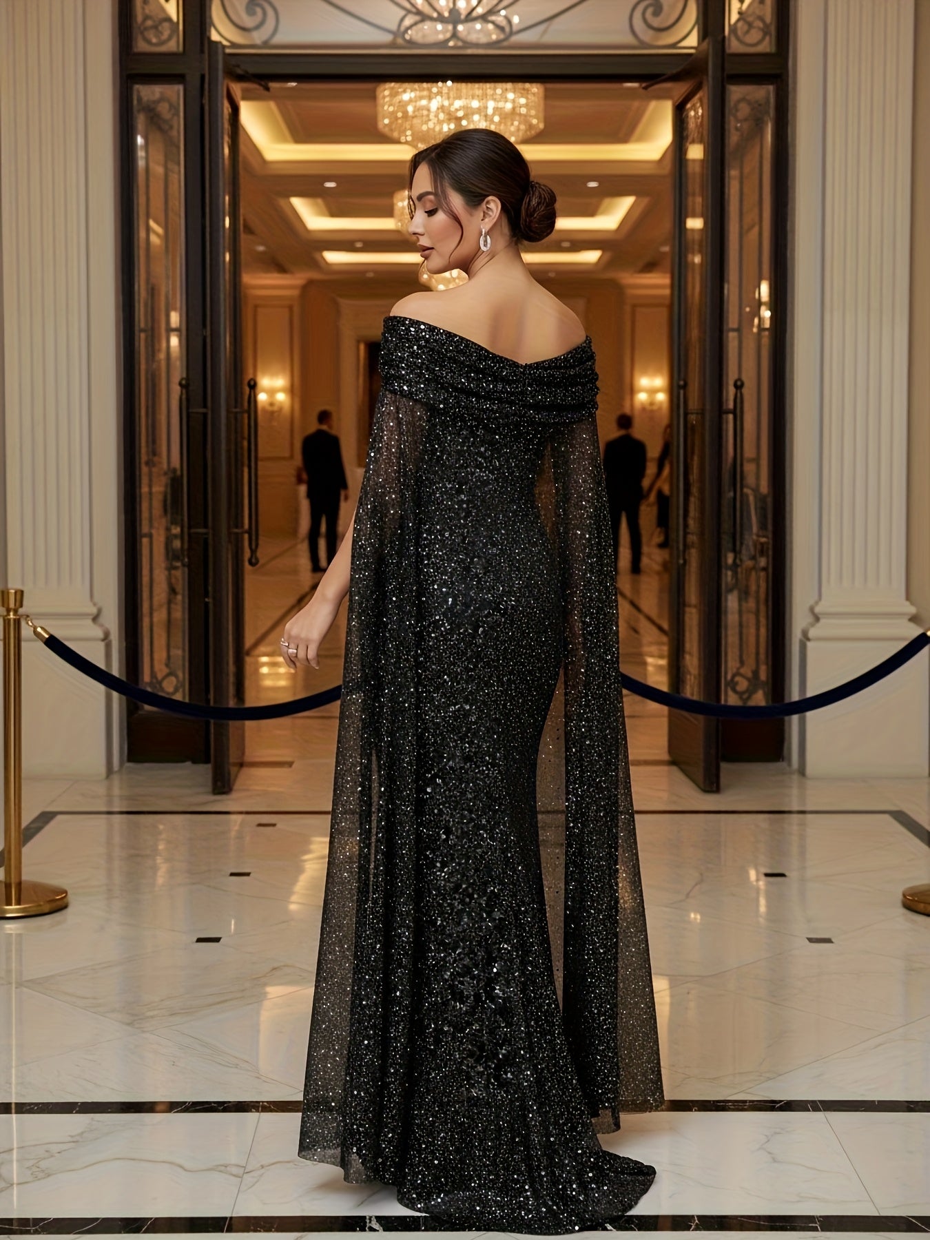Elegant Off-Shoulder Silver Cape Evening Gown for Women, Long Dress for Autumn (Non-Sequined)