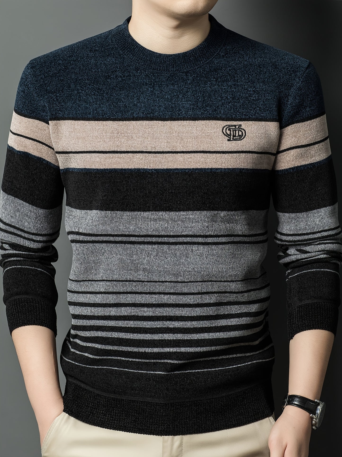 Men's Winter Thermal Fleece-Lined Striped Sweater - Thickened Warm Pullover with Embroidered Logo, Casual Round Neck Long Sleeve Knit Top, Machine Washable (Black/Brown/Beige), Cold Weather Apparel, Ribbed Texture, Comfortabl