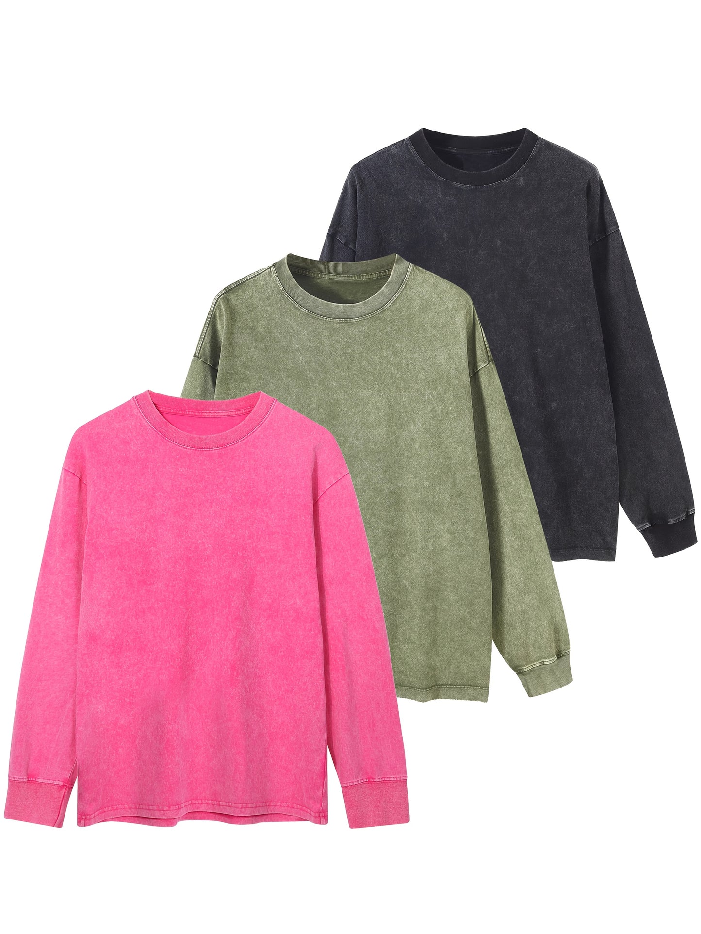 Lot de 3 t-shirts unisexes printemps/automne/hiver – manches longues, col rond côtelé, 240 g, coton pur lourd, style vintage usé délavé, tendance pour couples, nouveau