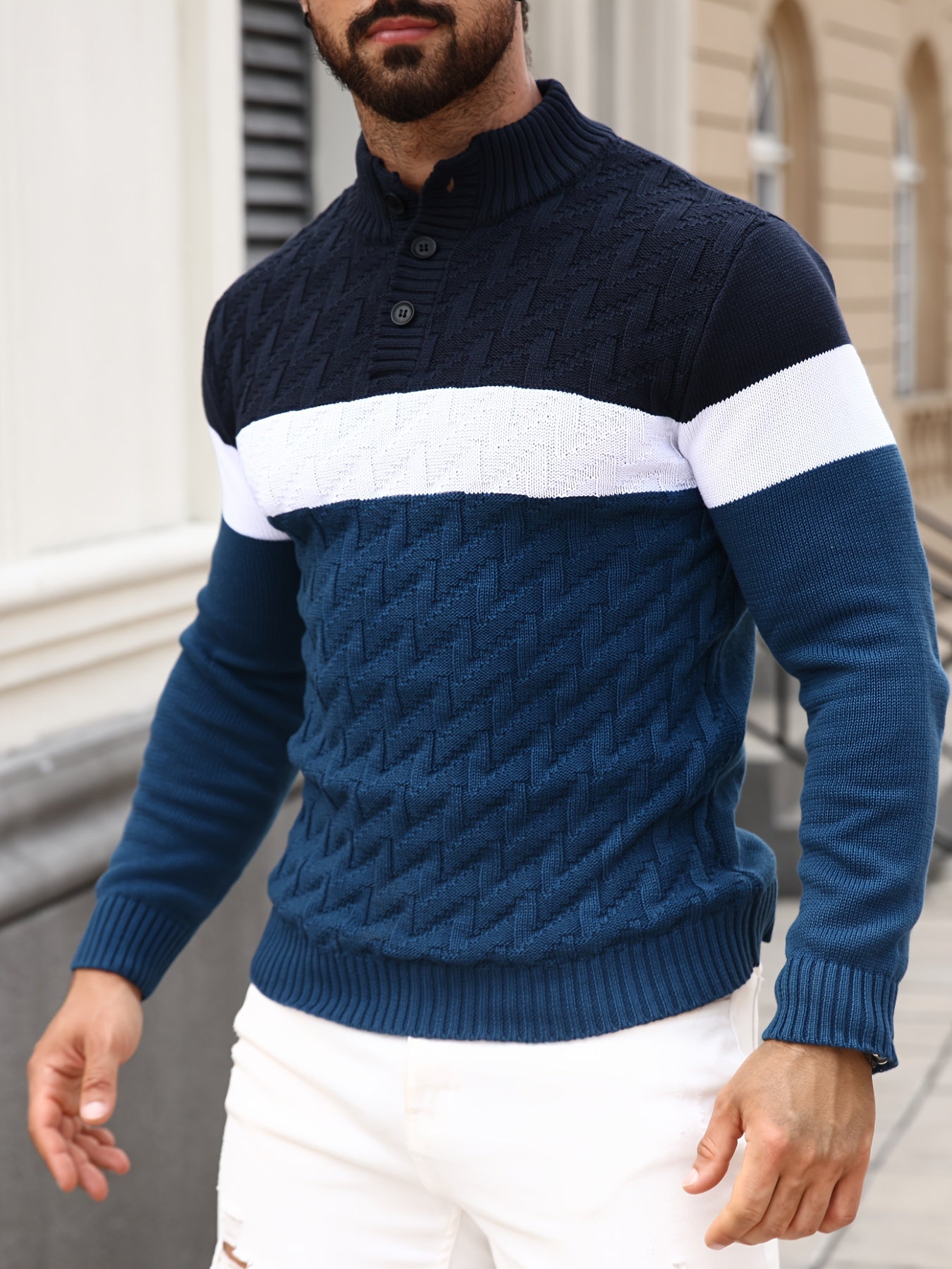 Men'S Casual Stand Collar Pullover Sweater - Stylish Quarter Button Geometric Knit Design, Long Sleeve, Regular Fit for Fall/Winter