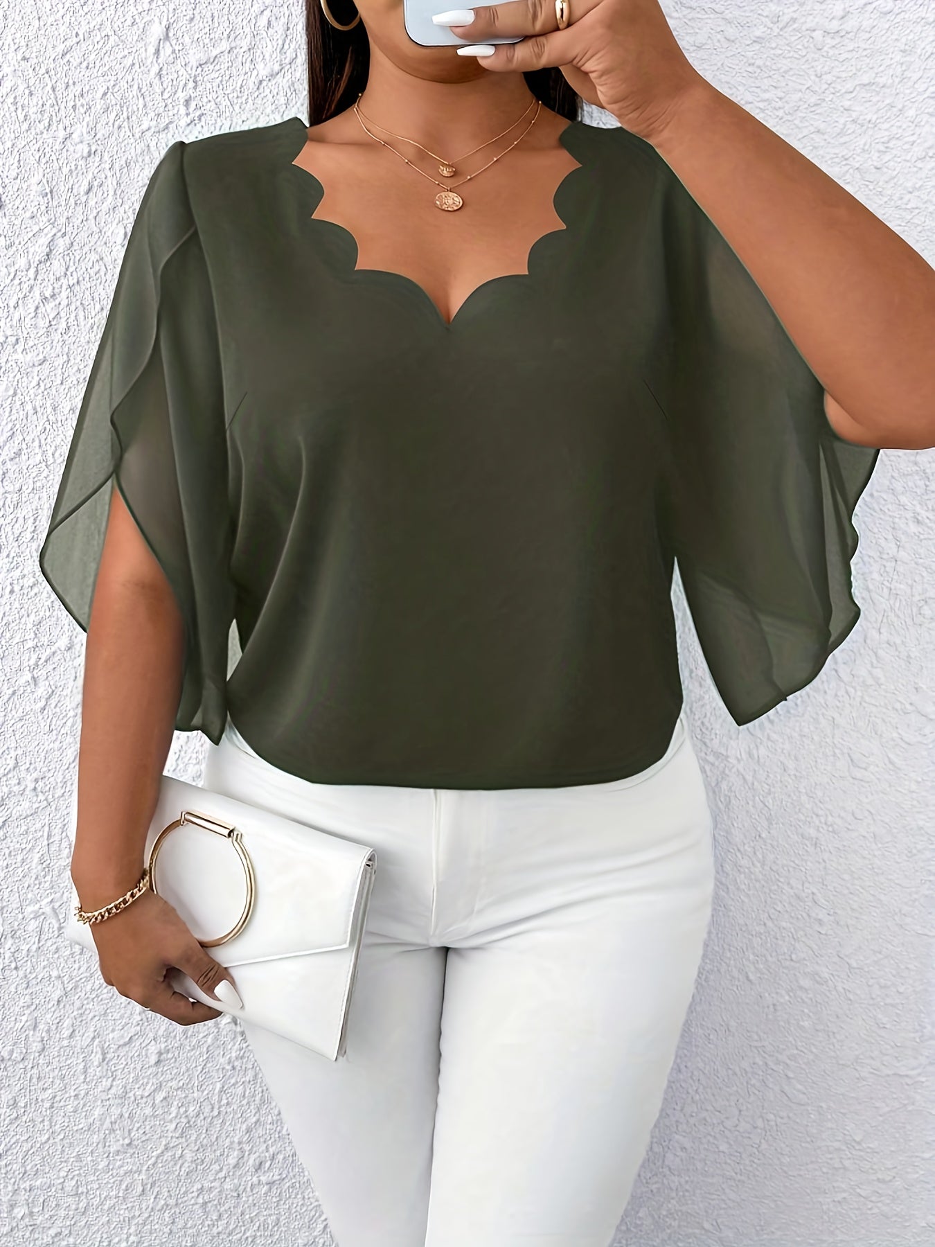Blouse Femme Grande Taille Élégante – Manches Mi-Longues, Col Classique, Tissu Non Extensible, Tous Saisons
