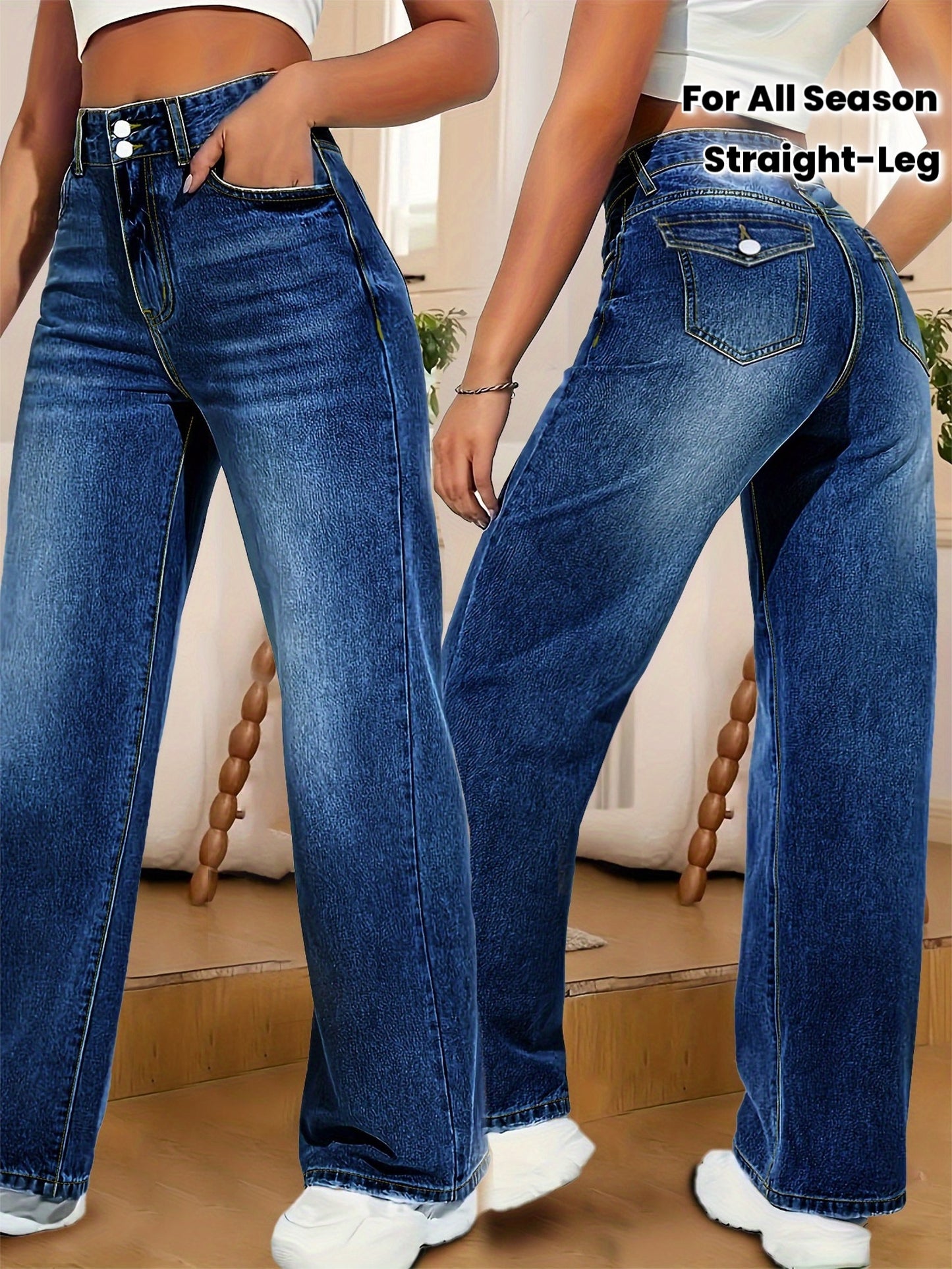 Jeans Femme Taille Haute Jambe Droite Extensible Élégant Double Boutons Toute Saison Longue Décontracté et Formel Slim Lavable