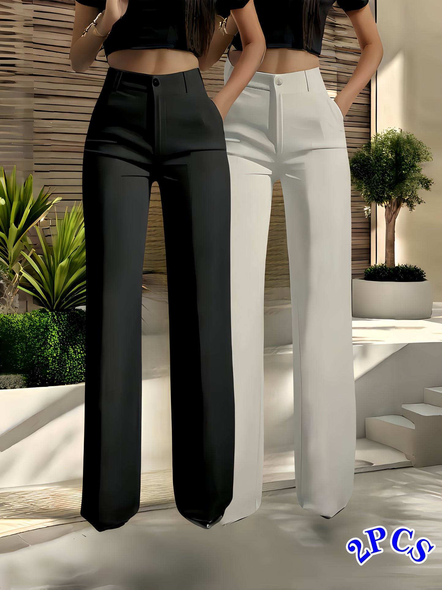 Pantalon Femme Élégant Taille Haute – Jambe Droite, Fermeture Zippée Avant et Taille Élastique Arrière, Couleur Unie, Tous Saisons, Bureau et Décontracté