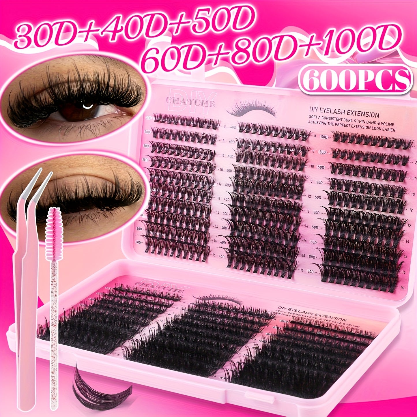 600/200 pcs Cils Individuels – Kit d’Extensions DIY 30D/40D/50D, Inclus Pince et Brosse Douce, Cils Réutilisables, Parfaits pour Maquillage de Soirée, Scène et Festivals
