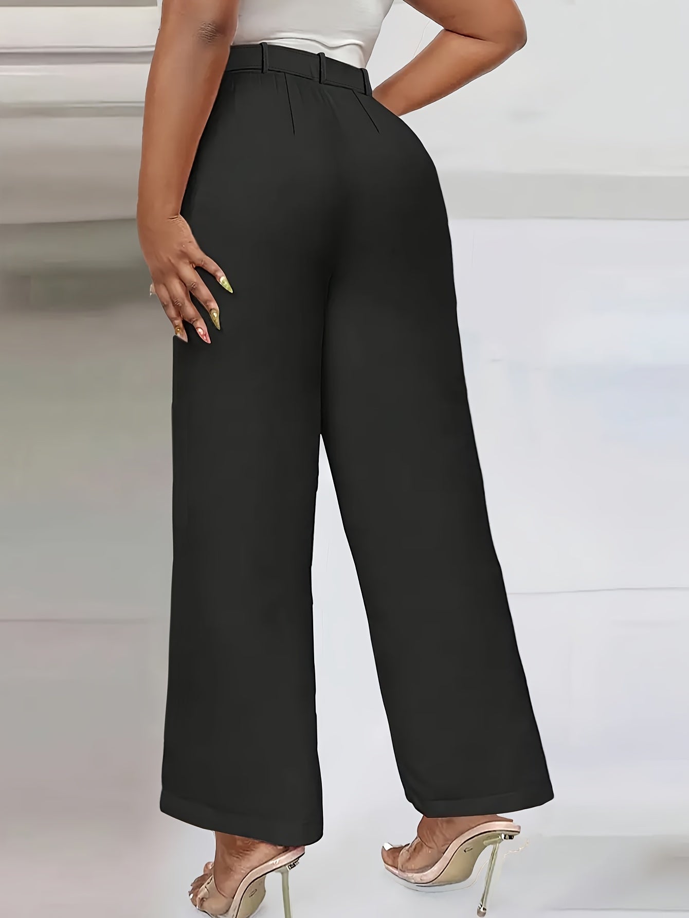 Pantalon Femme Taille Haute Jambe Large – Noir, Ceinture et Poches Obliques, Confortable et Décontracté