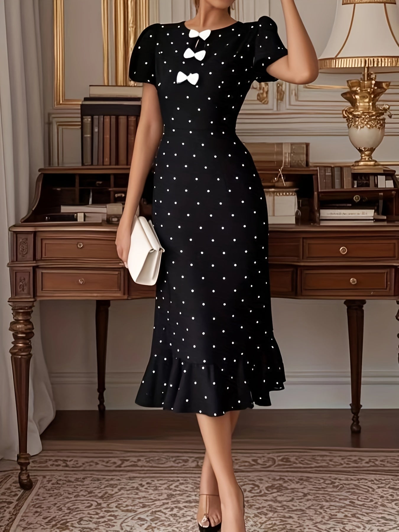 The Elegant Dress with Lantern Sleeves, a Bow, And Ruffled Polka Dot Print Is Perfect for Spring And Summer.