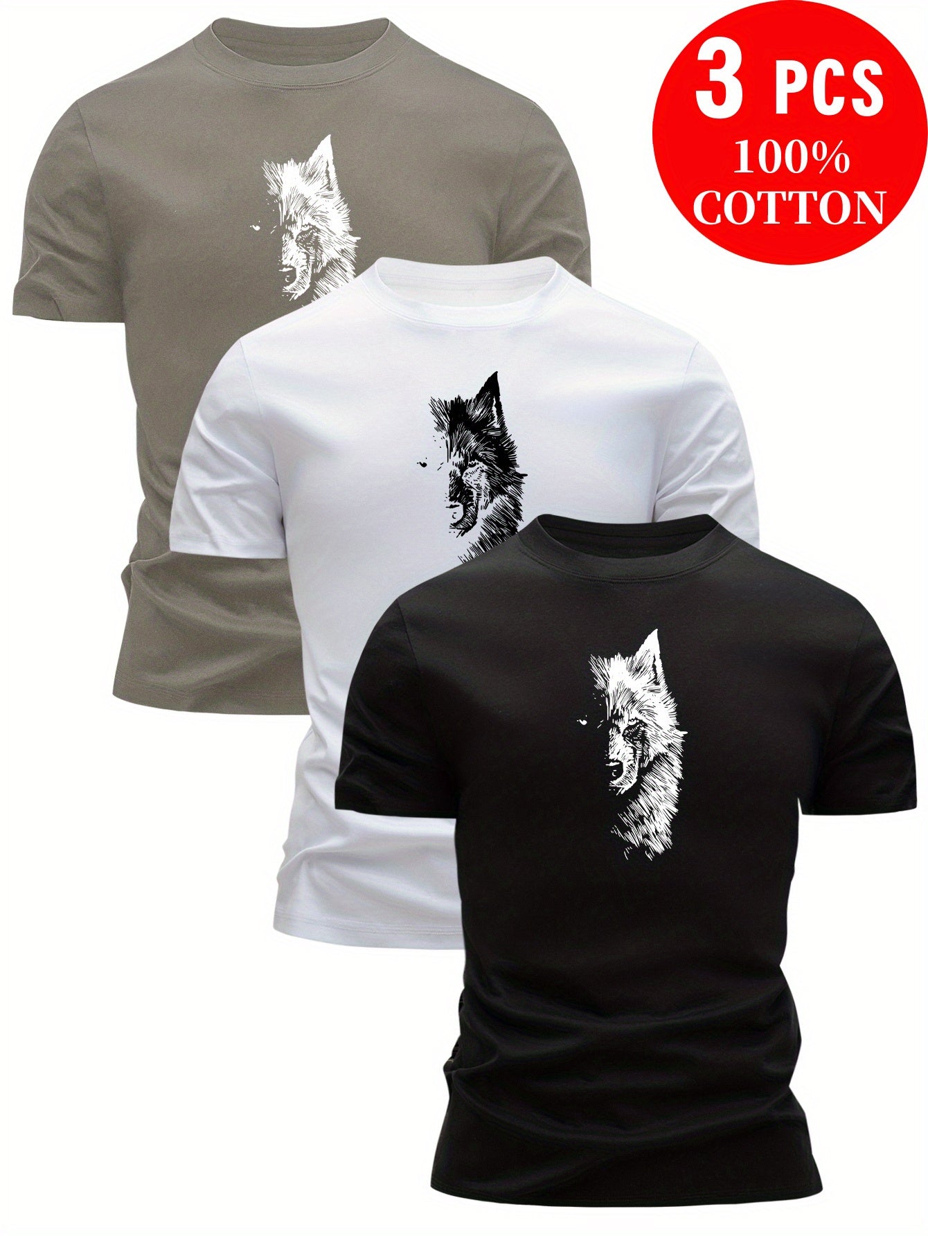 3pcs 100% Cotton T-Shirts with Wolf Graphic, Casual Crew Neck in Multiple Colors for Men