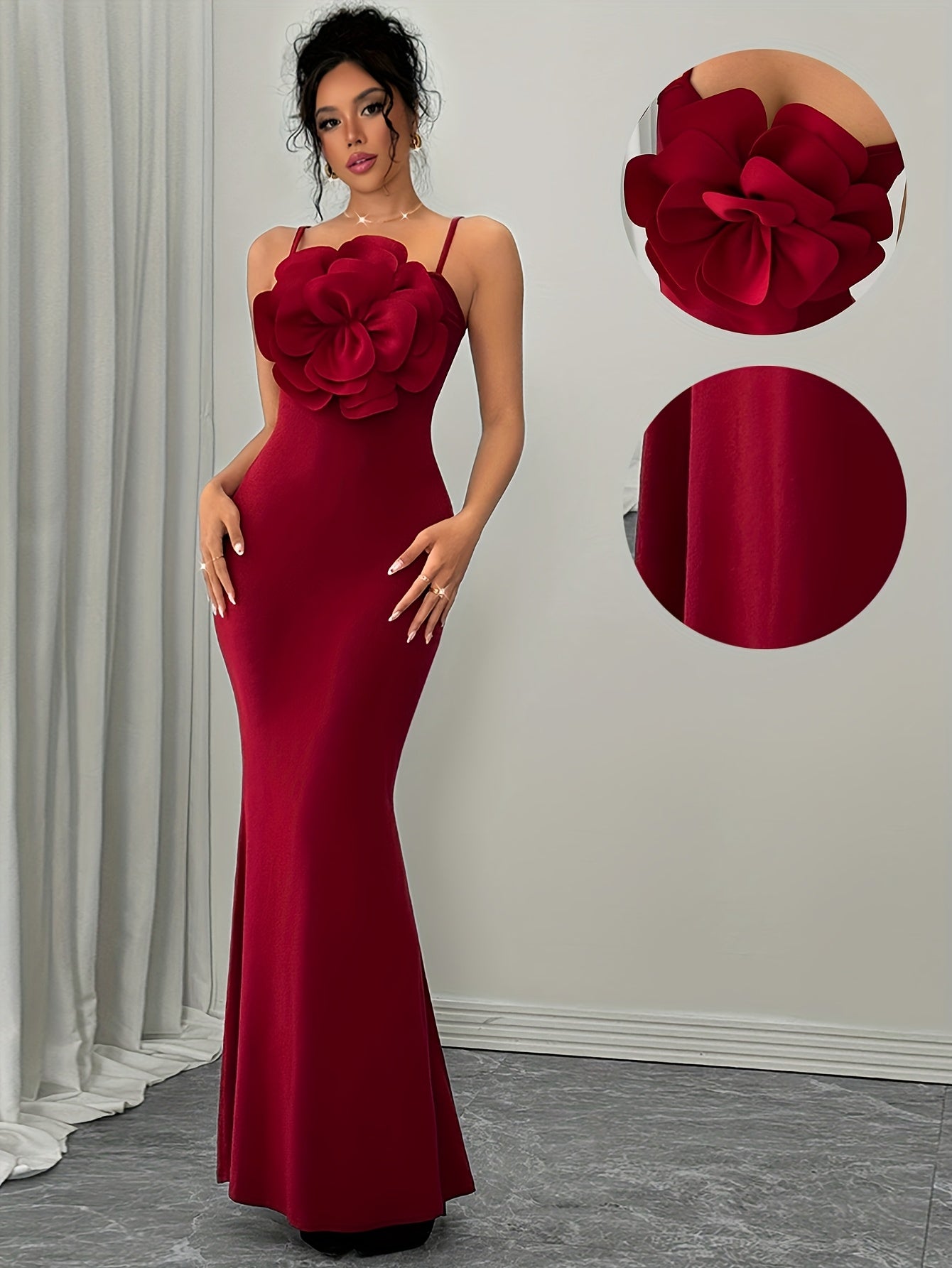 Ladies' Fashionable Temperament Red Bodycon Dress with Large Floral Design | Crew Neck, Solid Color, Suitable for All Seasons.