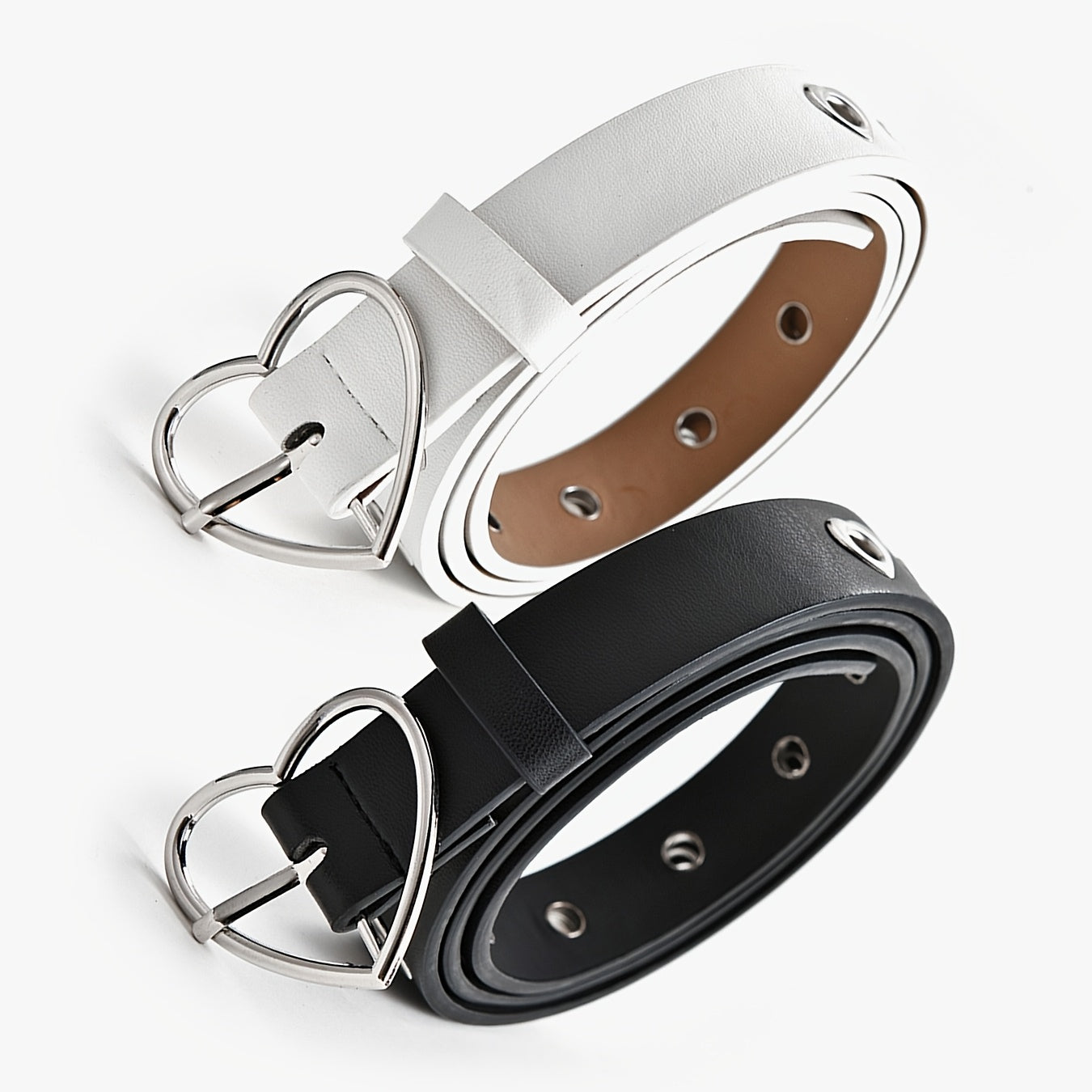 Ensemble de 2 ceintures décoratives créatives en PU pour femme avec boucle en forme de cœur, ceinture polyvalente et tendance avec boucle en forme de cœur couleur pêche et trou complet