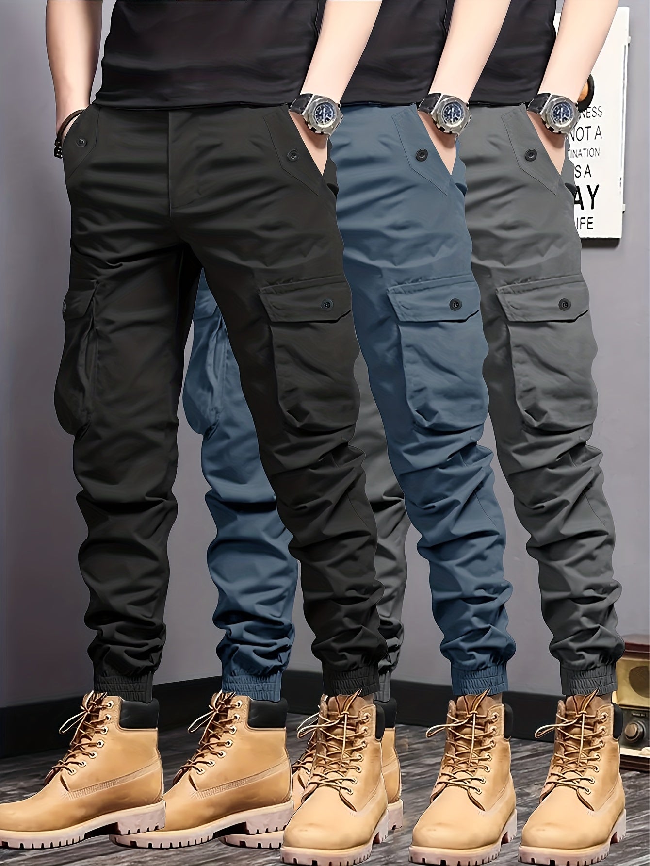 3pcs Pantalons Cargo Homme – Multipoches, Cordon Élastique, Tissu Résistant, Outdoor & Casual
