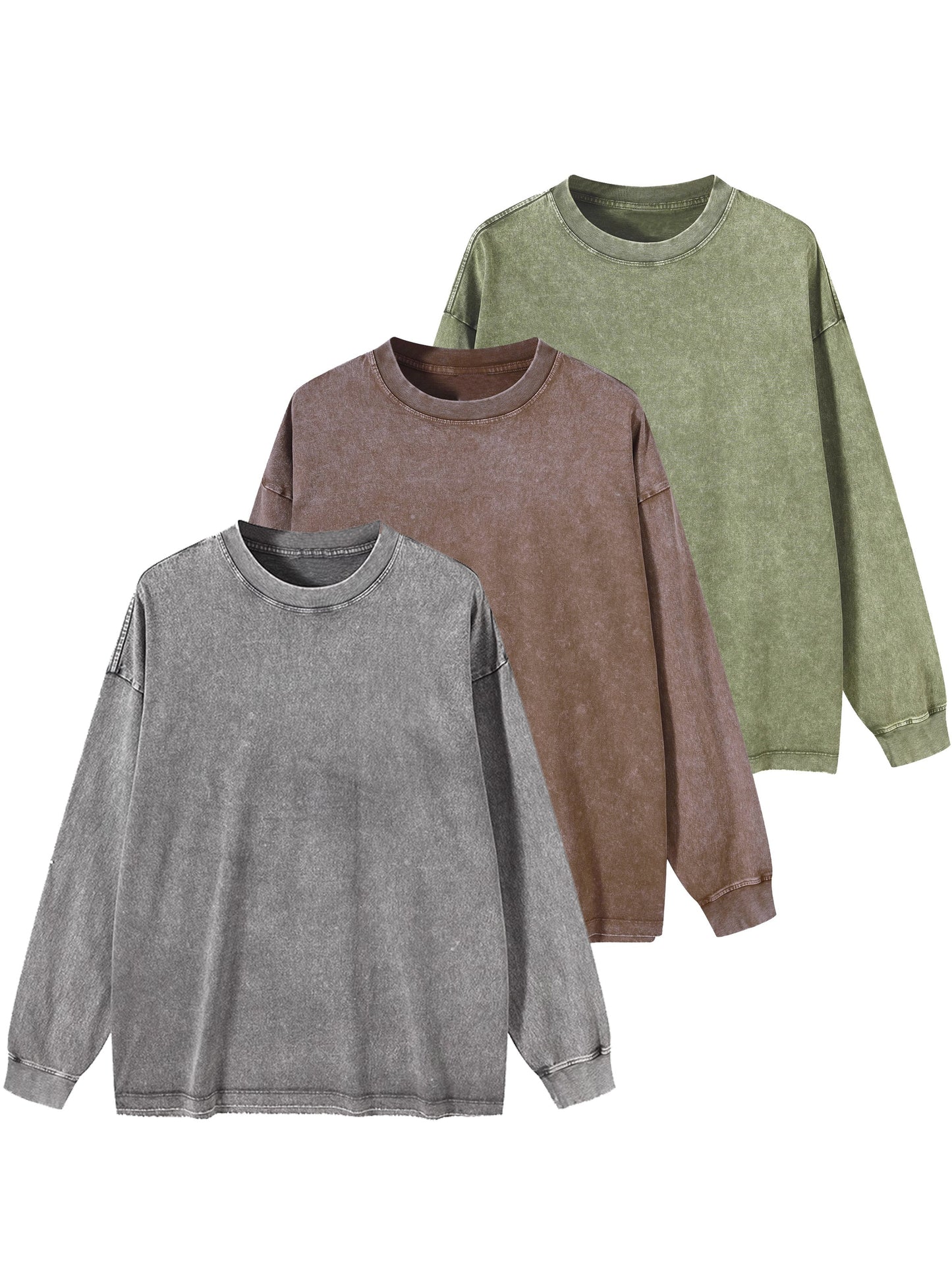 Lot de 3 t-shirts unisexes printemps/automne/hiver – manches longues, col rond côtelé, 240 g, coton pur lourd, style vintage usé délavé, tendance pour couples, nouveau