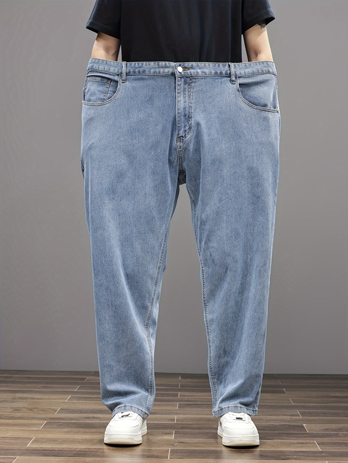 Jeans Homme Grande Taille – Bleu Clair, Jambe Droite, Taille Élastique, Stretch, Tout Saison