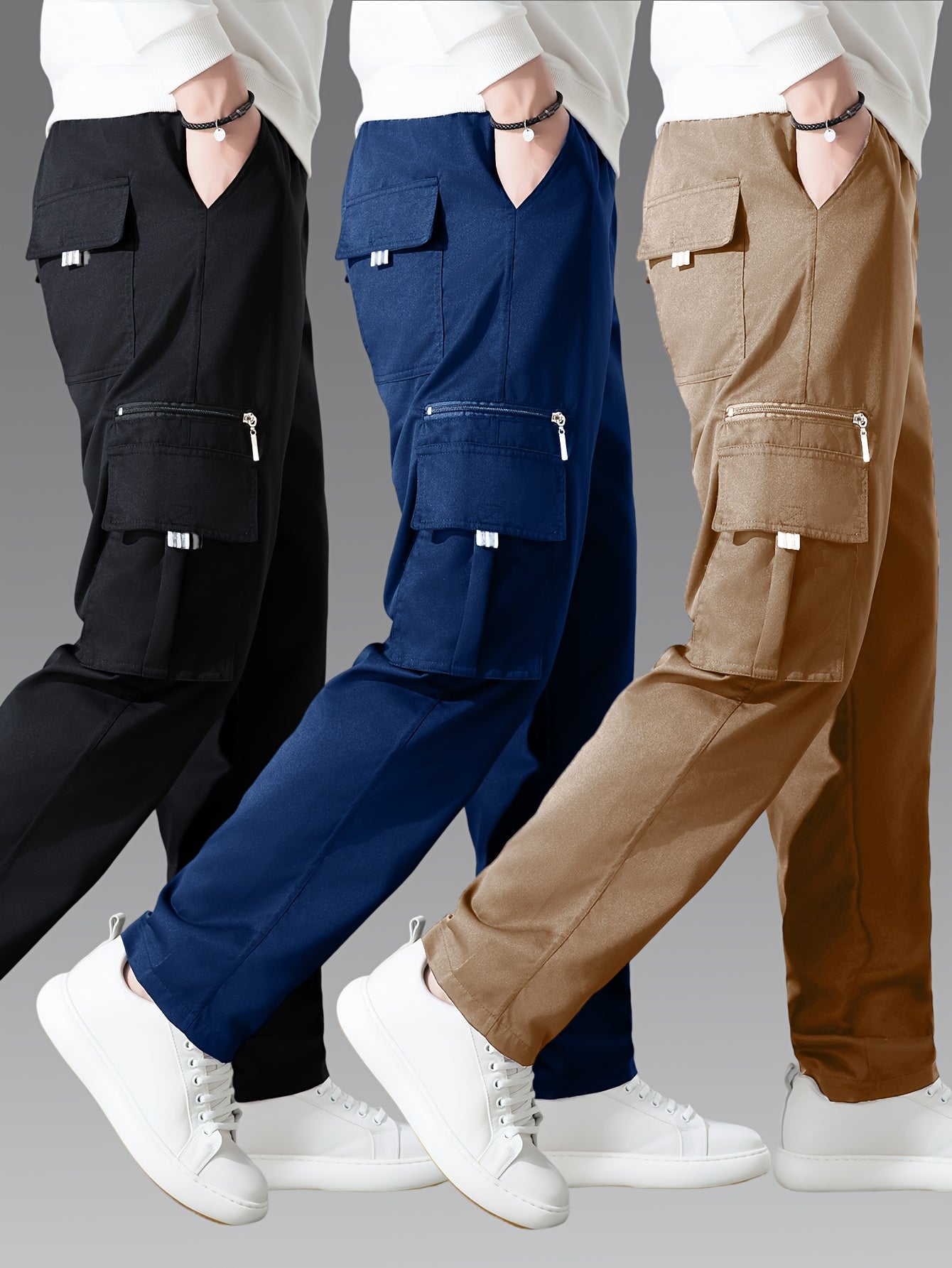 3pcs Pantalons Cargo Homme – Casual, Multipoches, Jambe Droite, Polyester, Regular Fit