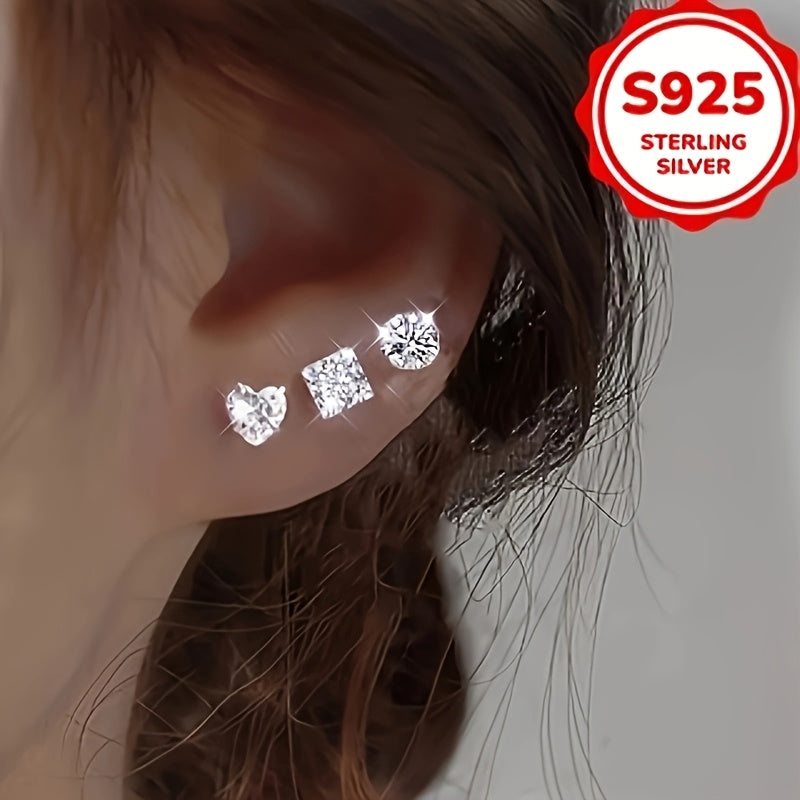 Lot de 6 paires de boucles d’oreilles puces femme en argent S925 hypoallergénique, 1,5 g chacune, ornées de zirconia synthétique, formes cœur et carré, bijou minimaliste et élégant, parfait pour tenue décontractée ou occasions spéciales