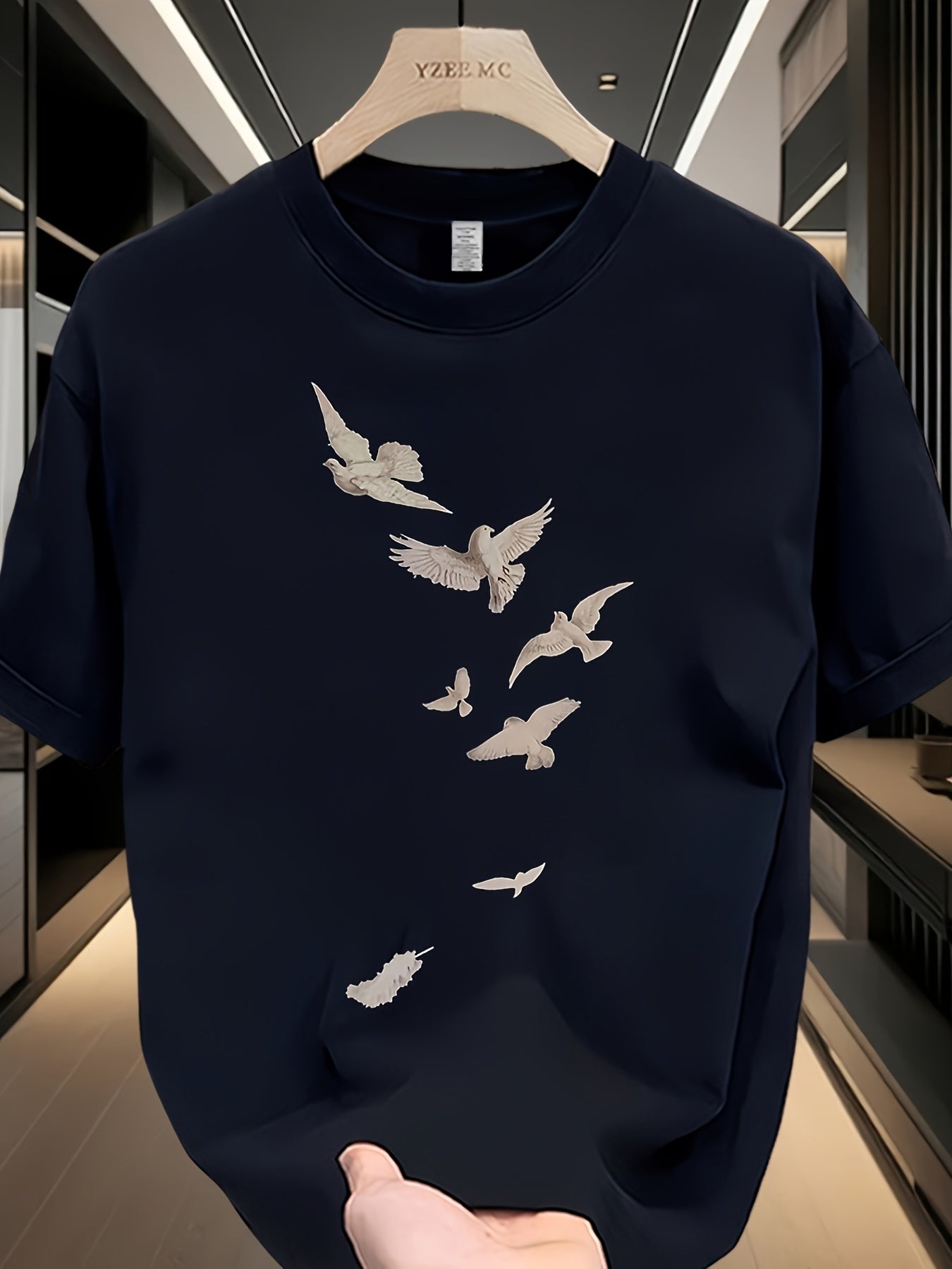 Men's Heavyweight 100% Cotton Oversized T-Shirt with White & Brown Bird Print - Summer Casual Round Neck Short Sleeve Relaxed Fit Large Size Breathable Casual Attire, Versatile Layering Essential for Men (Machine Washable) -