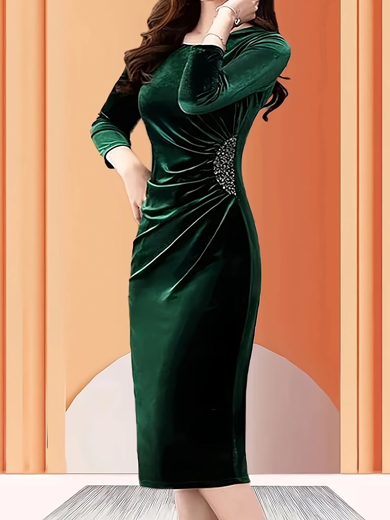 Emerald Green Velvet A-Line Midi Dress - Elegant Round Neck Long Sleeve Machine Washable Women's Formal Party & Evening Dress, All-Season Versatile Solid Color, Emerald Dress