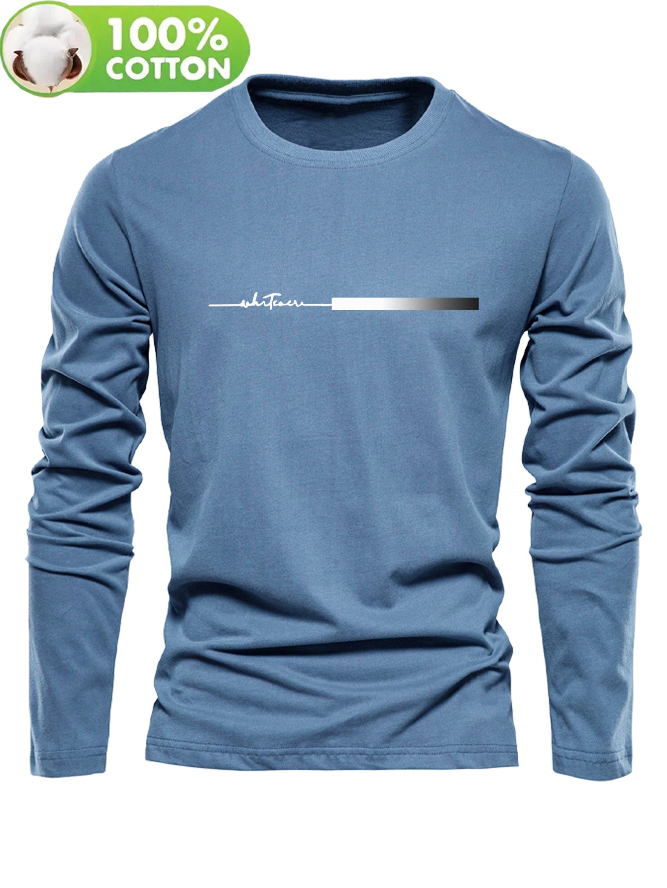 Men's 100% Cotton Long Sleeve T-Shirt with Letter 'H' Logo Patch - Round Neck Casual Top, Regular Fit Spring/Fall Everyday Basic Blouse for men - Versatile Layering Piece for Jeans & Dress Clothes