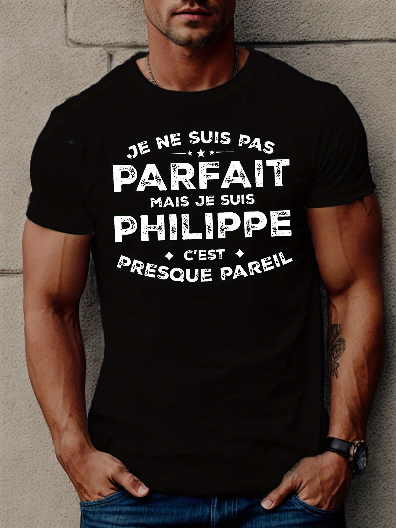 Men'S Casual French Quote T-Shirt - "Je Ne Suis Pas Parfait Mais Je Suis Philippe" with Star Design, Black Short Sleeve Tee for Summer, Comfortable Fit, Everyday Tshirt | Humorous Statement Shirt | Stretchable Fabric