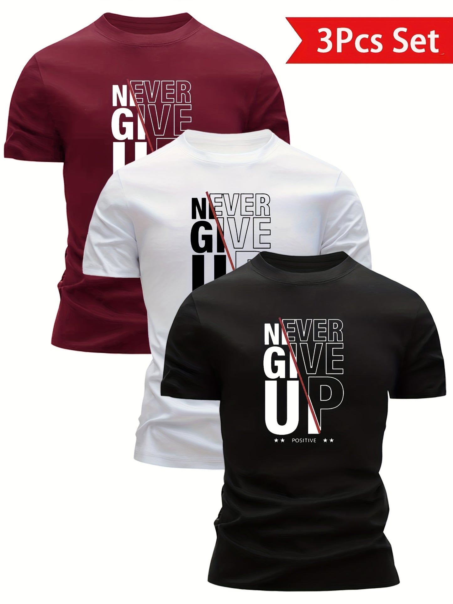 Set of 3 Mixed Print 'Never Give Up' Short-Sleeve Men'S Ultra-Light Round Neck T-Shirts - Quick-Drying, Breathable, Sweat-Absorbing Shirts, Perfect for Summer Casual Wear, a Great Gift for Men with a Round Neck Design, Sweat-