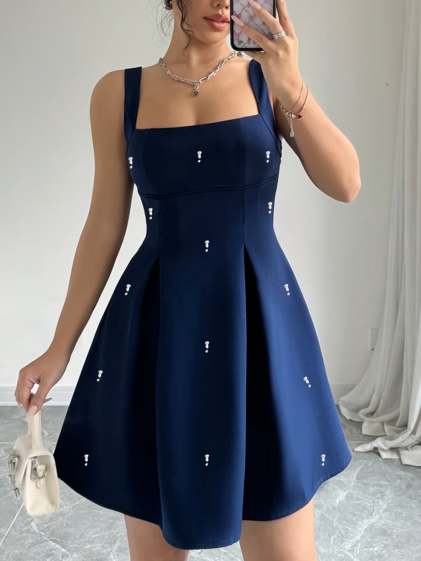 obe femme rose pastel sans manches – Col carré, jupe A-line évasée, chic