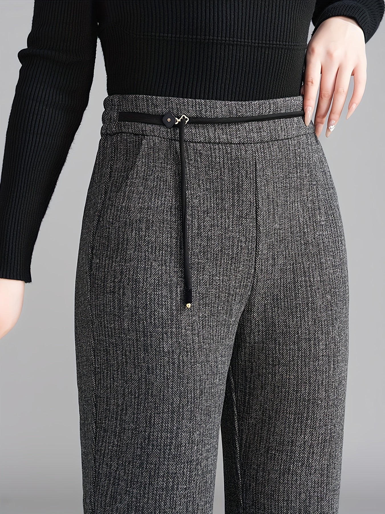 Pantalon Femme Taille Haute Évasé – Gris Côtelé, Boutons Zippés, Confortable et Polyvalent, Printemps/Automne