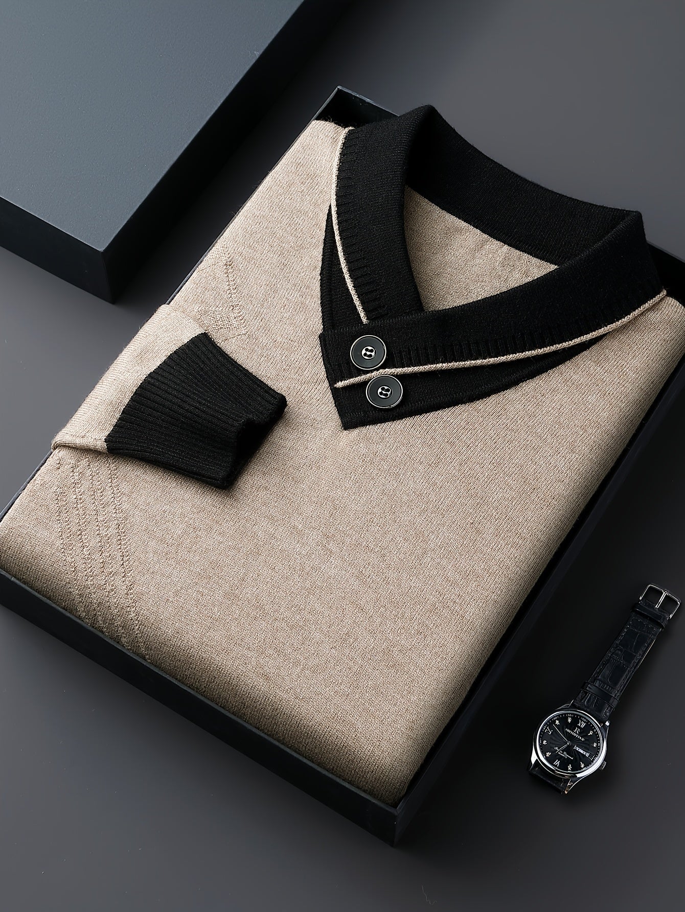 1pc Men'S Winter V-Neck Sweater with Dual Button Detail - Color Block Knit Pullover, Viscose Fabric, Long Sleeve, Regular Fit, Casual Style for Fall/Winter - Soft, Warm, Skin-Friendly Inner Layer, Thick