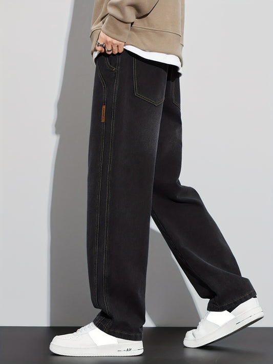 Jean Homme Délavé Résistant – Coupe Droite, Taille Mi-Haute, Poches Classiques, Bleu/Noir/Gris Foncé, Coupe Décontractée