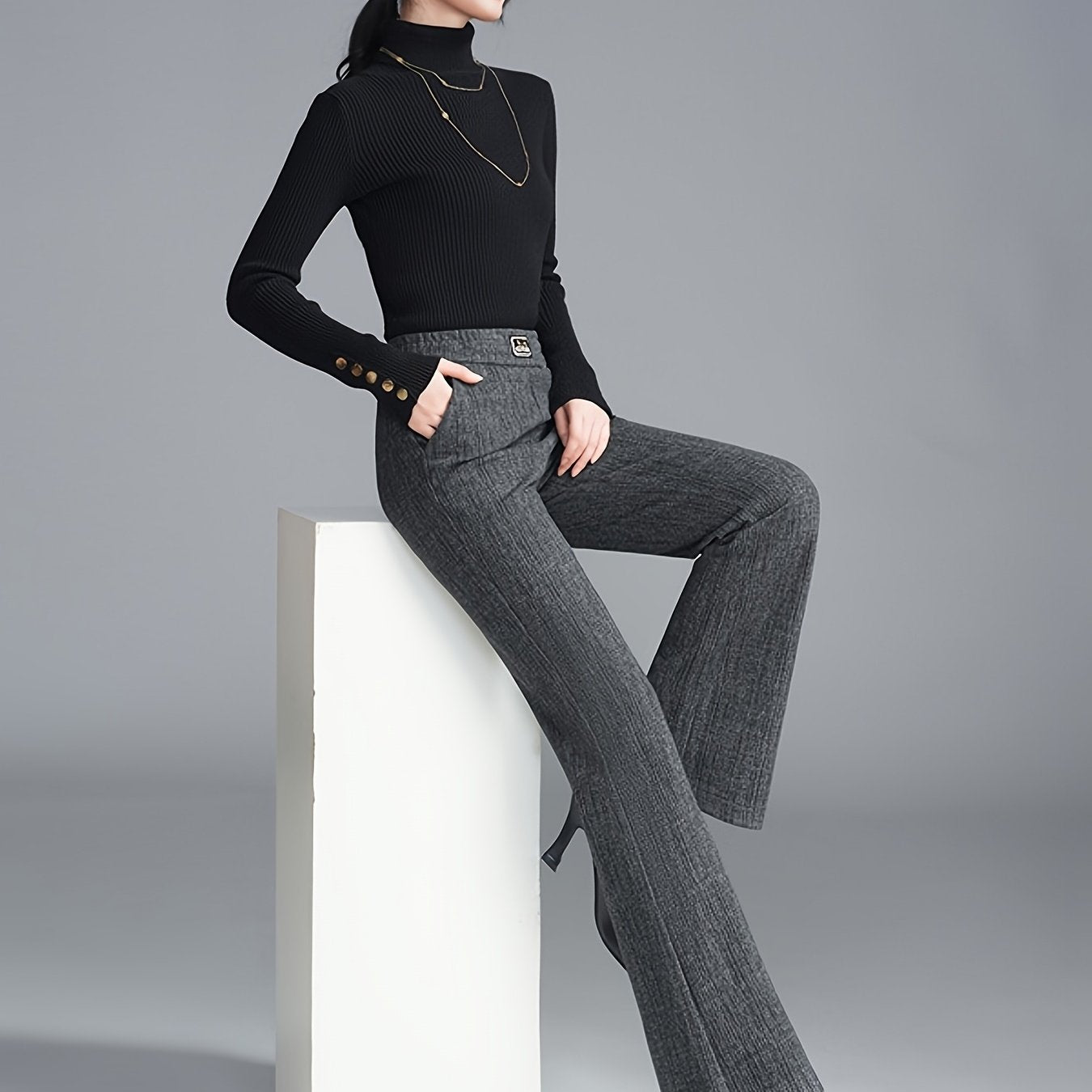 Pantalon Femme Taille Haute en Tweed – Jambe Évasée, Style Coréen, Taille Élastique Sans Ceinture, Gris/Noir