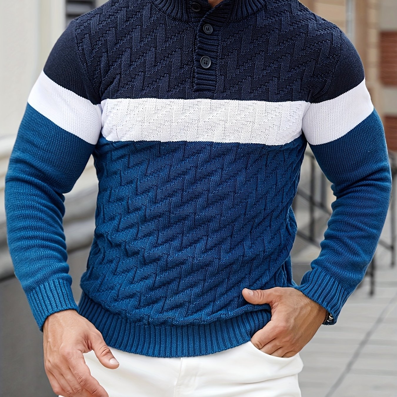 Men'S Casual Stand Collar Pullover Sweater - Stylish Quarter Button Geometric Knit Design, Long Sleeve, Regular Fit for Fall/Winter