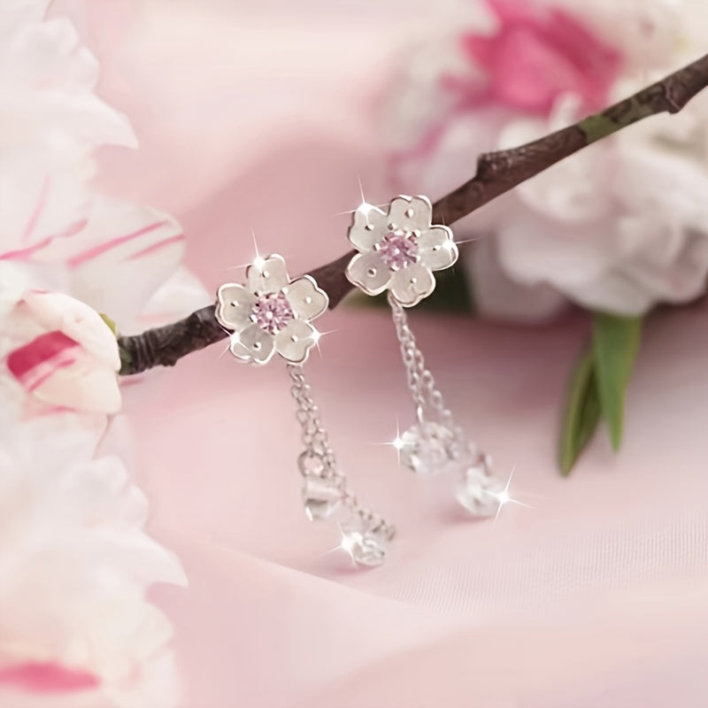 1 paire de boucles d’oreilles pour femmes, élégantes et classiques, motif fleur de cerisier avec pampilles, plaqué argent 925, idéal cadeau pour anniversaires, mariages, rentrée scolaire, Saint-Valentin, printemps/été.