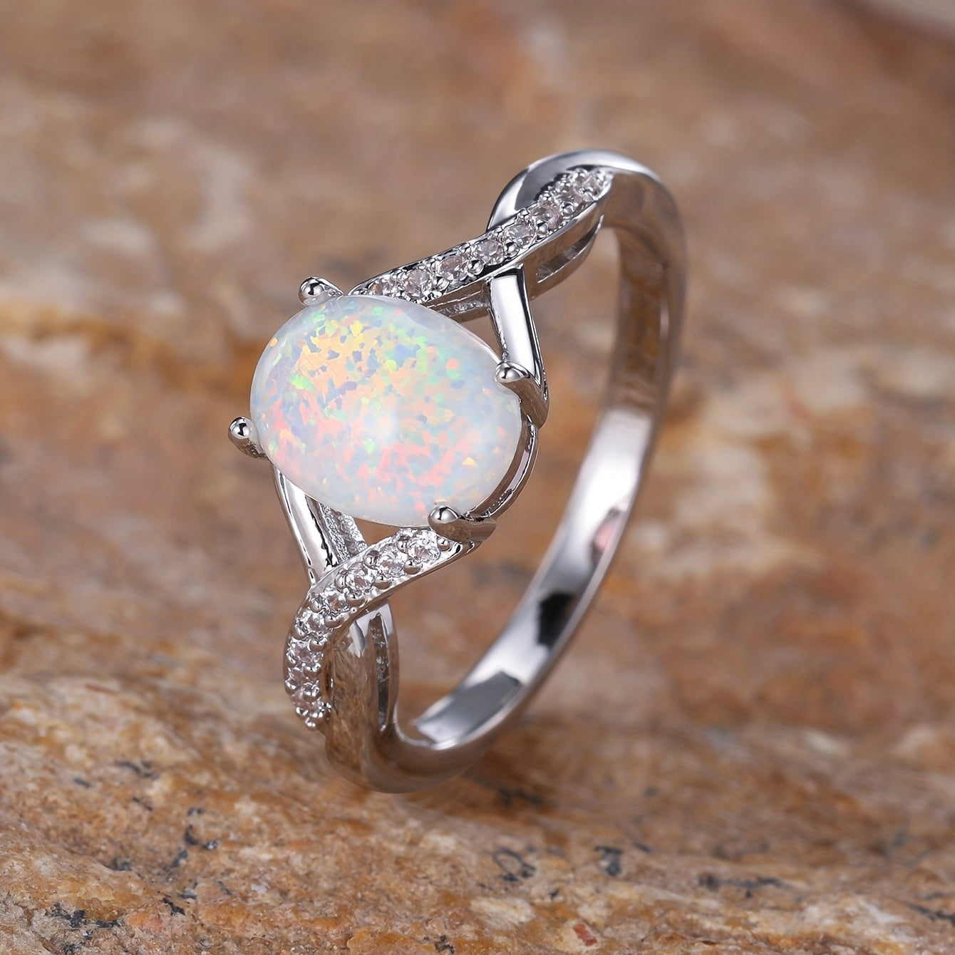 Oval White Opal  Twist Curved Ring for Women Simple Delicate Glitter Creative Design Wedding Ring EngaSynthetic Gemstoneent Party Wear Elegant Temperament Jewelry