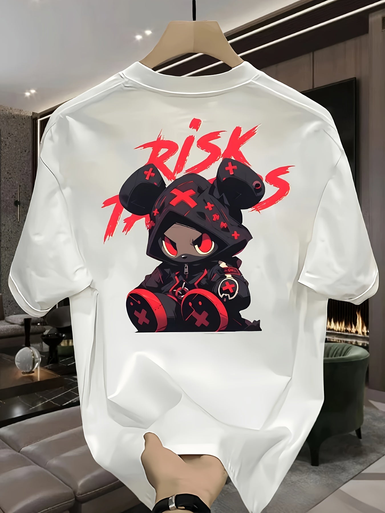 Men's Heavyweight 100% Cotton Oversized T-Shirt with RISK & Japanese Anime Graphic Print - Black & Red Gaming Design, Casual Summer Tee for Anime Fans, Large Size Loose Fit, Machine Washable, Ideal for Valentine's Day, Father