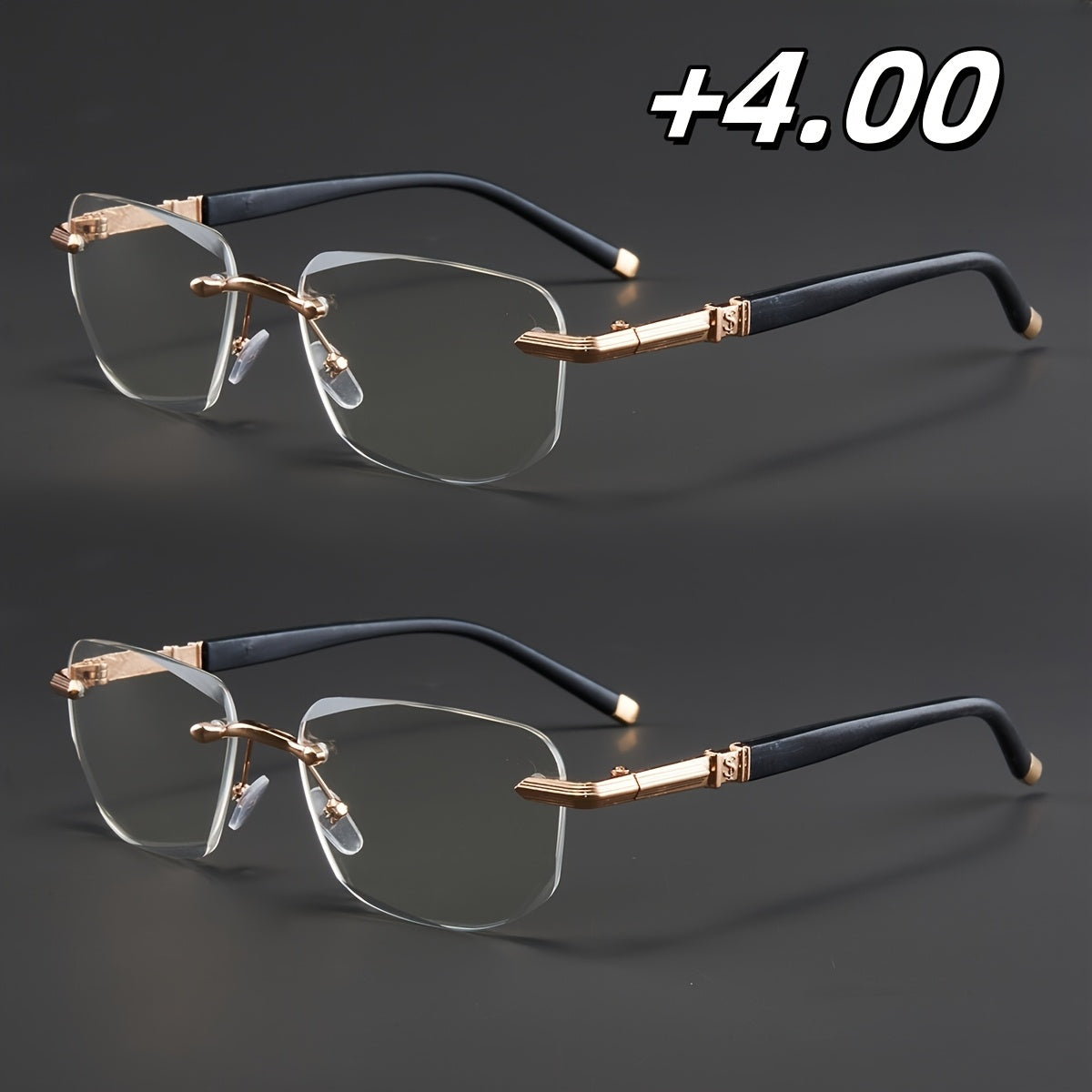 Two Pairs, Bundled Set, Stylish, Men'S, Exquisite, Luxurious, Rimless, Beveled Edge, Reading Glasses, Metal Frame, Options: 100, 150, 200, 250, 300, 350, And 400 Degrees, Without Battery, Christmas Gifts