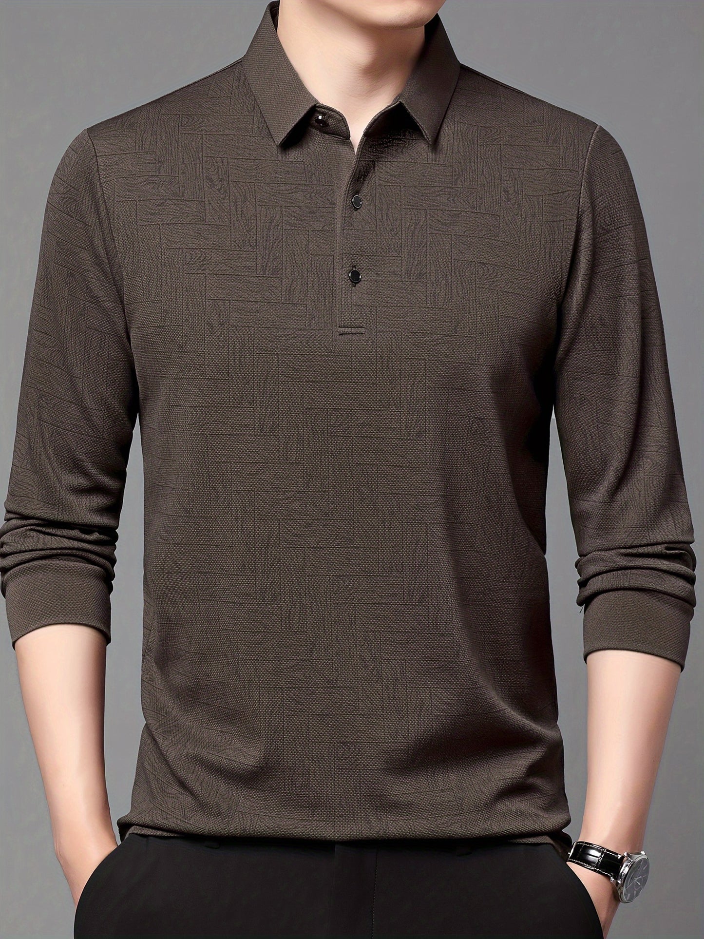 Men'S Geometric Mahjong Block Long Sleeve Polo Shirt - Casual & Stylish Business-Casual Lapel Collar, Polyester Blend, Perfect for Spring/Fall