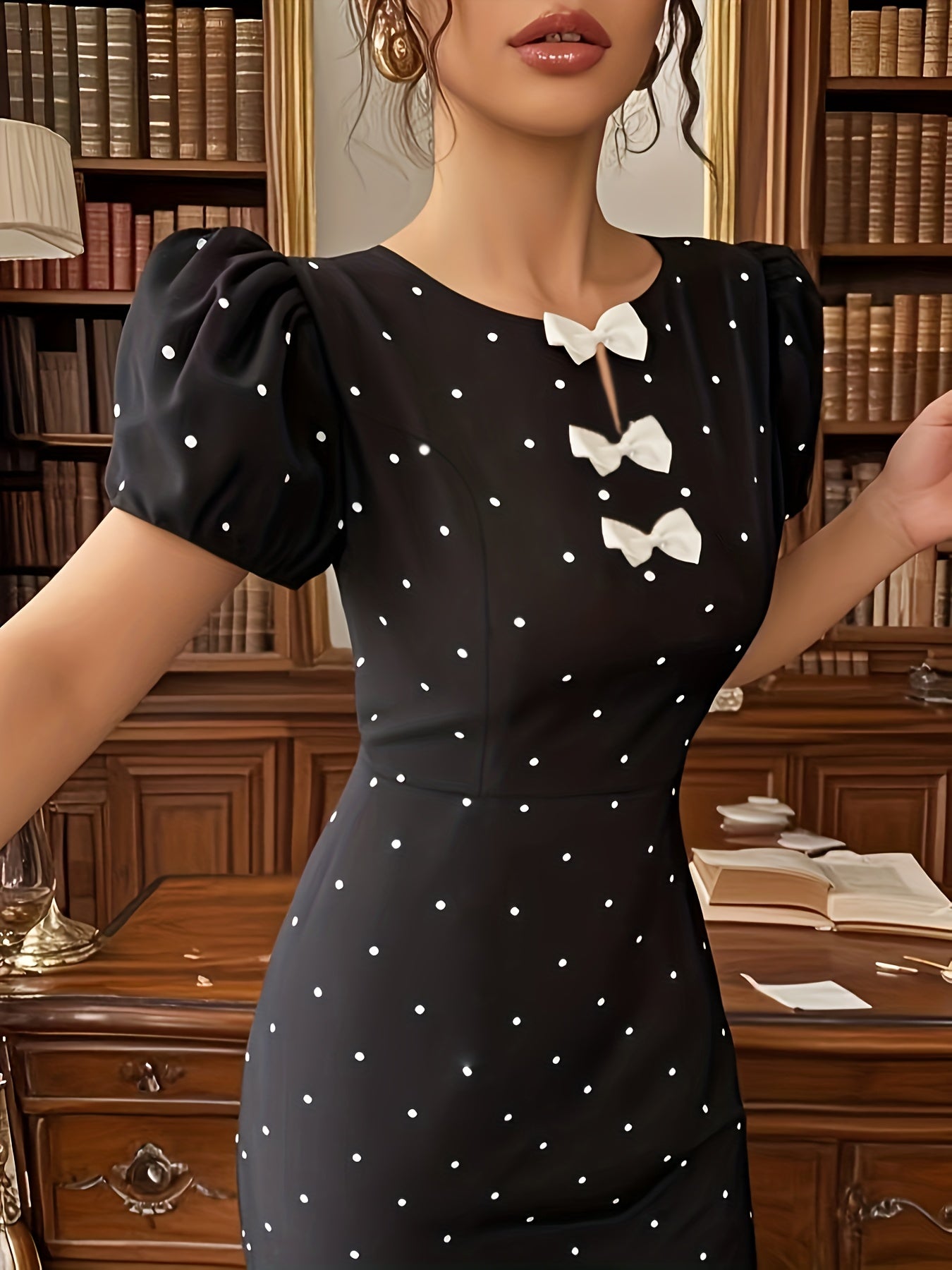 The Elegant Dress with Lantern Sleeves, a Bow, And Ruffled Polka Dot Print Is Perfect for Spring And Summer.