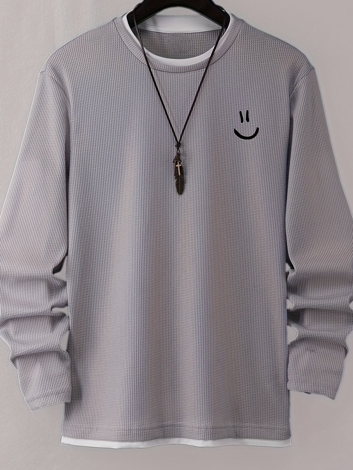 Stylish Cartoon joyful Print Comfortable Sweat-Absorbing Waffle Knit Men's Casual Long Sleeve T-Shirt