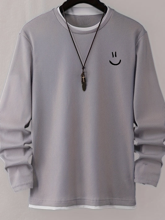 Stylish Cartoon joyful Print Comfortable Sweat-Absorbing Waffle Knit Men's Casual Long Sleeve T-Shirt