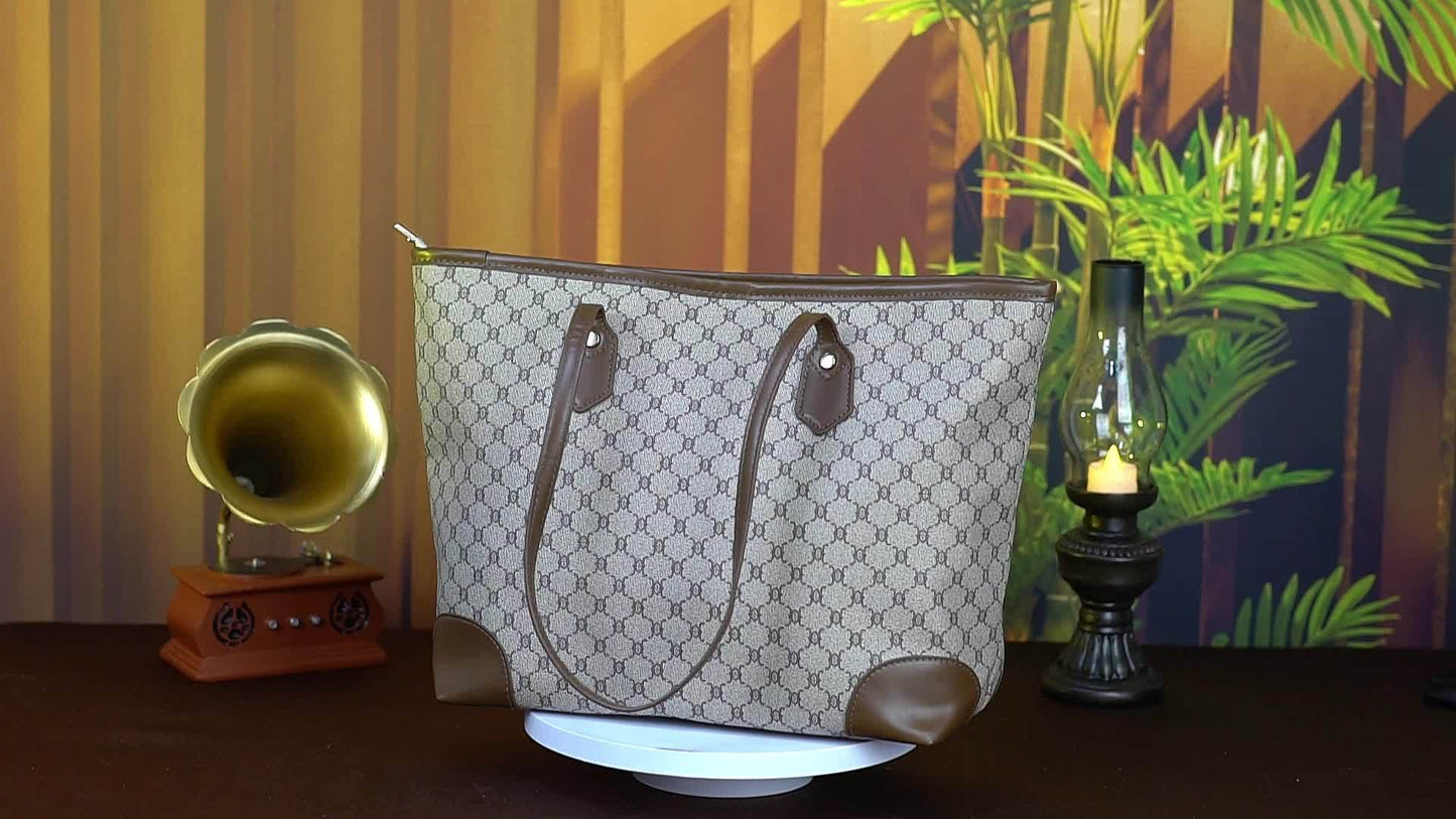 Sac fourre-tout grande capacité pour femmes – motif géométrique, fermeture zippée, doublure polyester, disponible en café/gris/blanc, spacieux et polyvalent pour travail, voyage et usage quotidien