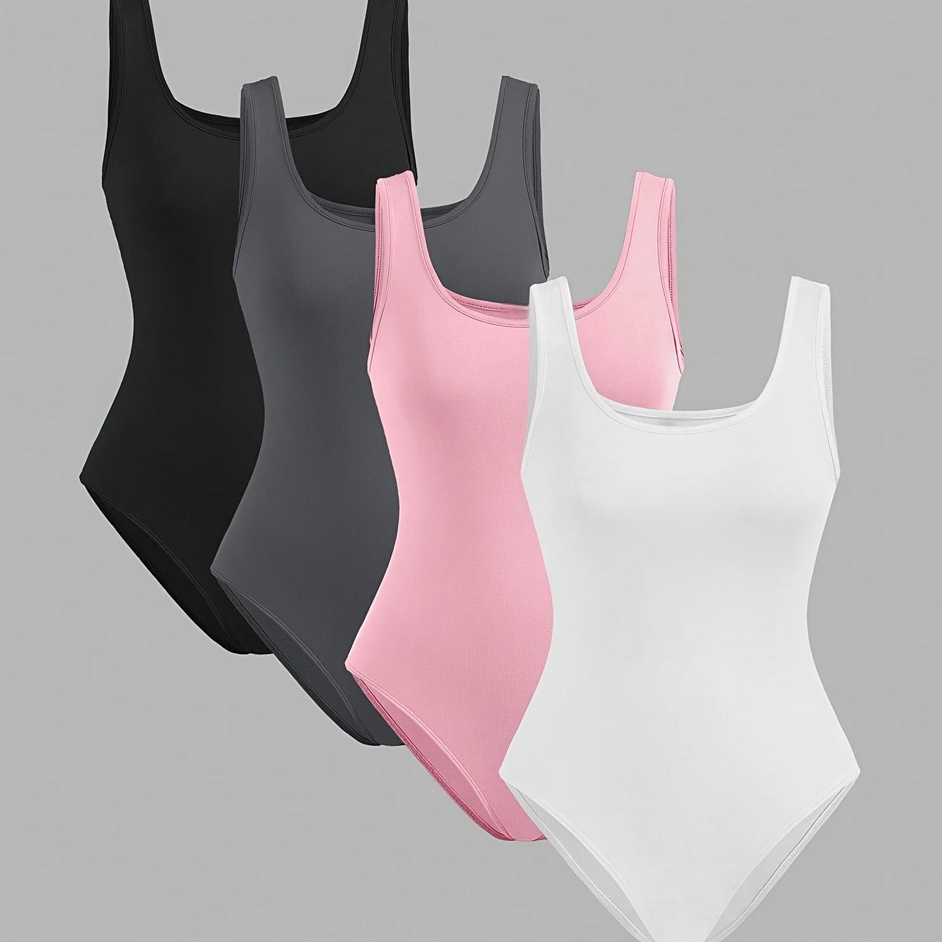 Lot de 4 bodys unis pour femme, style débardeur sans manches. Design simple et décontracté, parfait pour le printemps et l’été