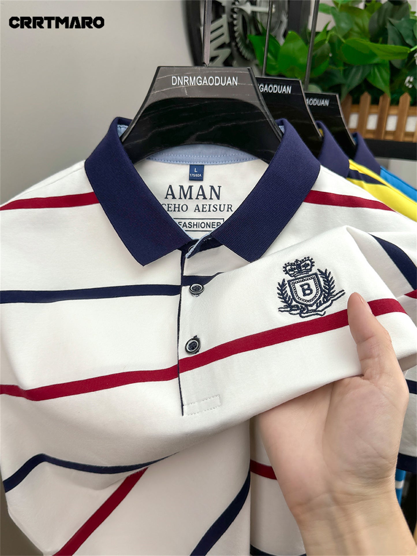 CRRTMARO Men's Short Sleeve Shirt - Summer Striped Embroidered Logo, Vibrant Yellow & Navy, Breathable Regular Fit Casual Button-Up for Office & Leisure