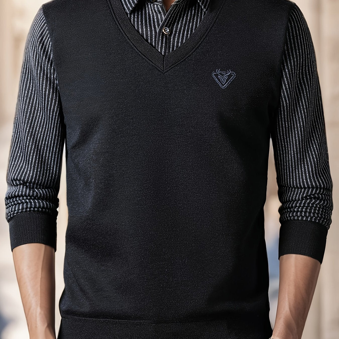 Men's Casual Knit Polyester Sweater - Long Sleeve Layered-Look Lapel Collar with Striped Pattern and Embroidered Detail - Perfect for Sports, Travel, and Office Wear - Spring/Fall Lightweight Stretch Pullover