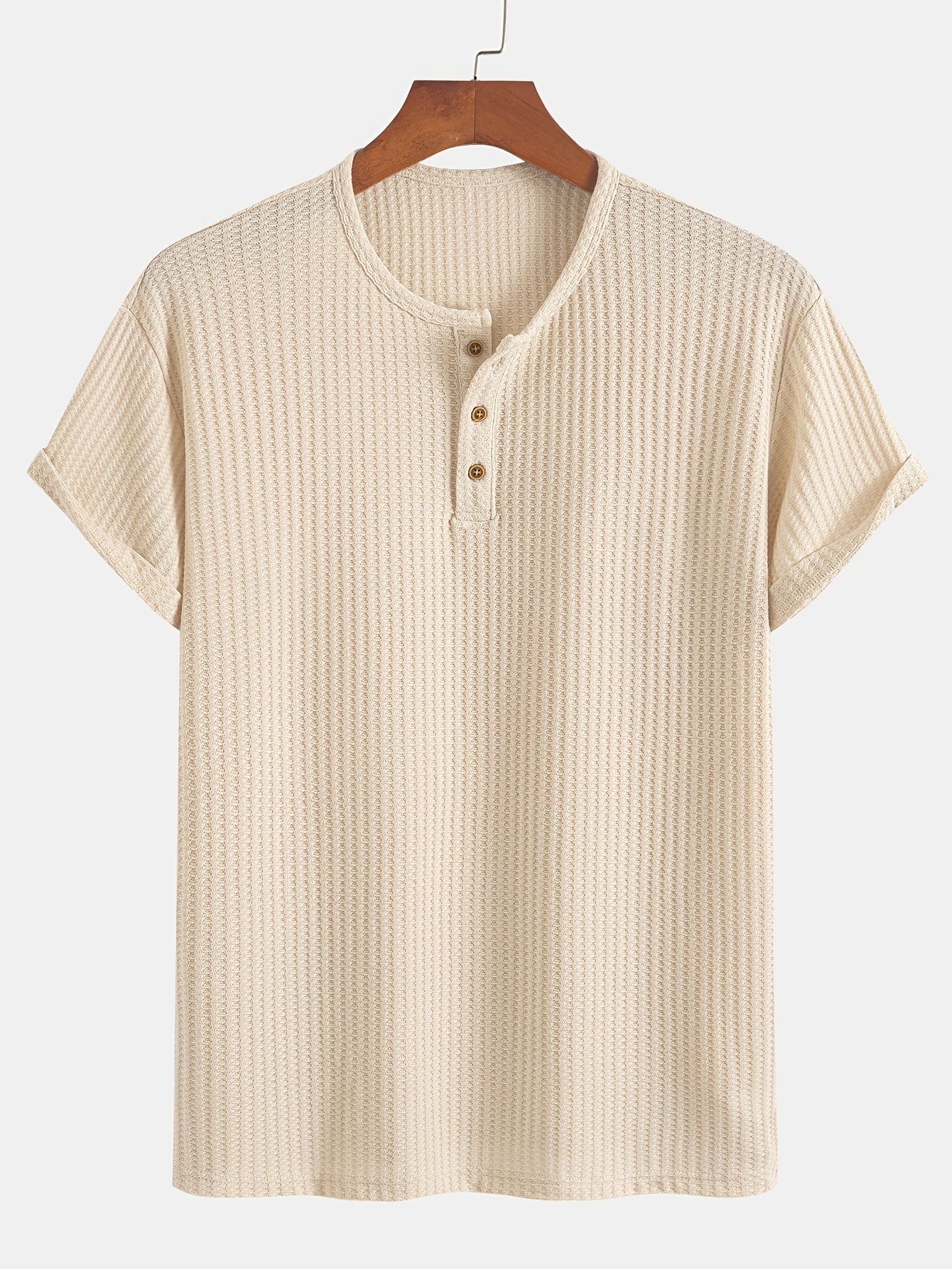A Summer Short-Sleeve Cardigan T-Shirt with a Fine Check Pattern And Round Neck, Featuring a Knitted Jacquard Texture.