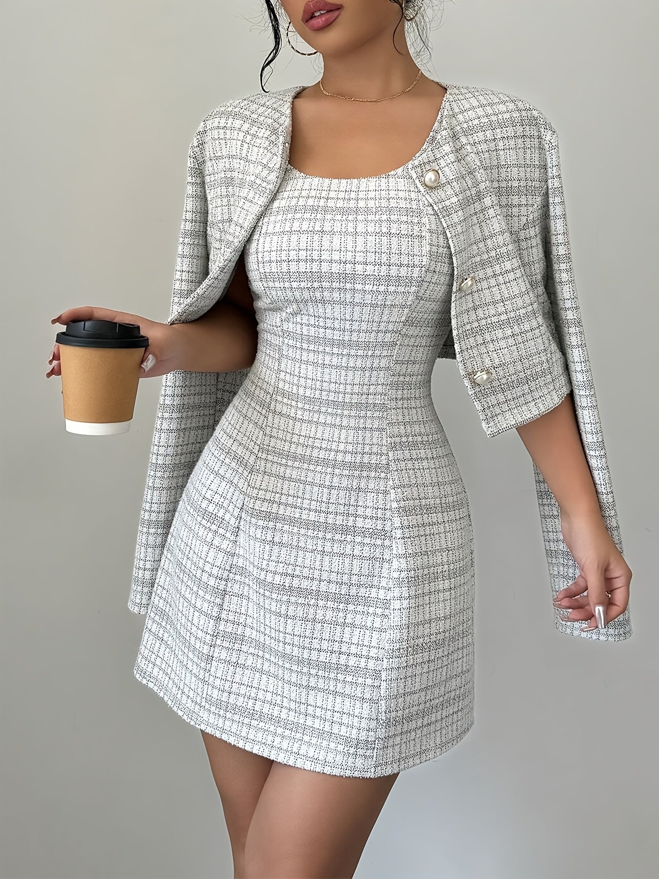 Ensemble chic femme – Mini-robe A-line en tweed + veste boutonnée, style coréen, look élégant