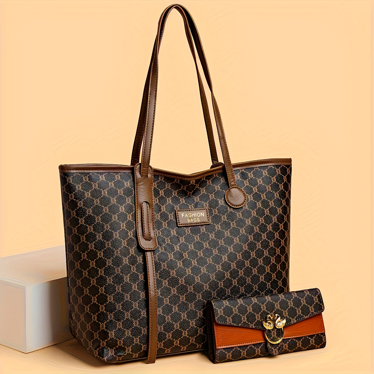 Sac fourre-tout tendance pour femmes – motif géométrique gris et brun foncé, fermeture zippée, doublure polyester