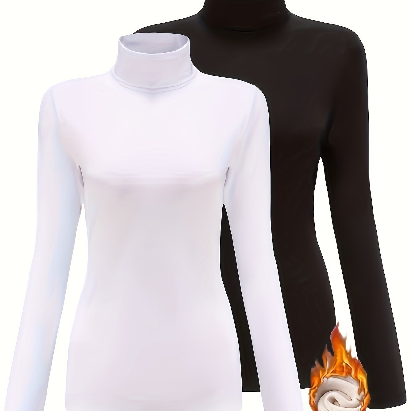 Lot de 2 Tops Femme Col Roulé Thermiques – Manches Longues, Extensibles, Couleur Unie Blanc et Noir